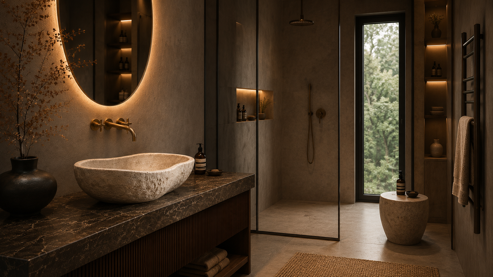 Twin fluted stone pedestal basins in an ivory marble washroom
